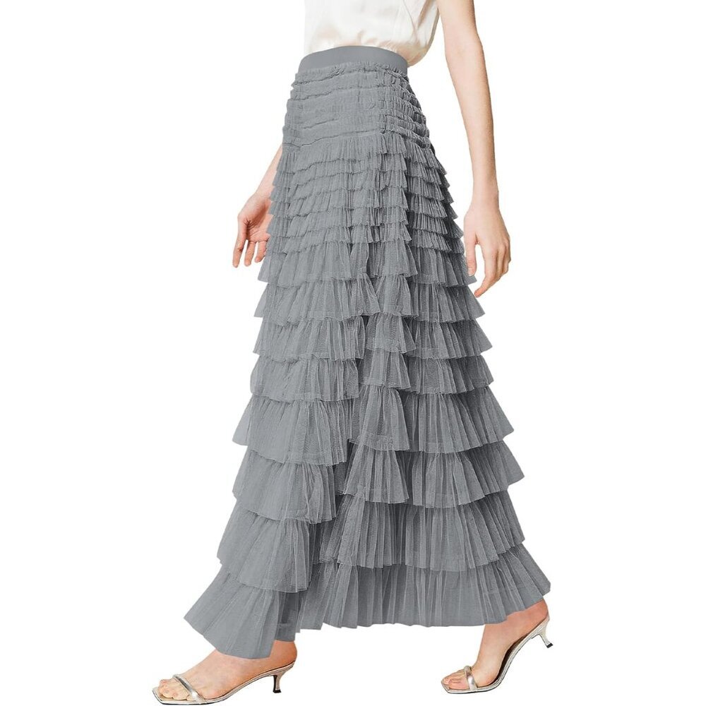 Versatile Grey High Waist Tulle Maxi Skirt - Perfect for Weddings & Parties